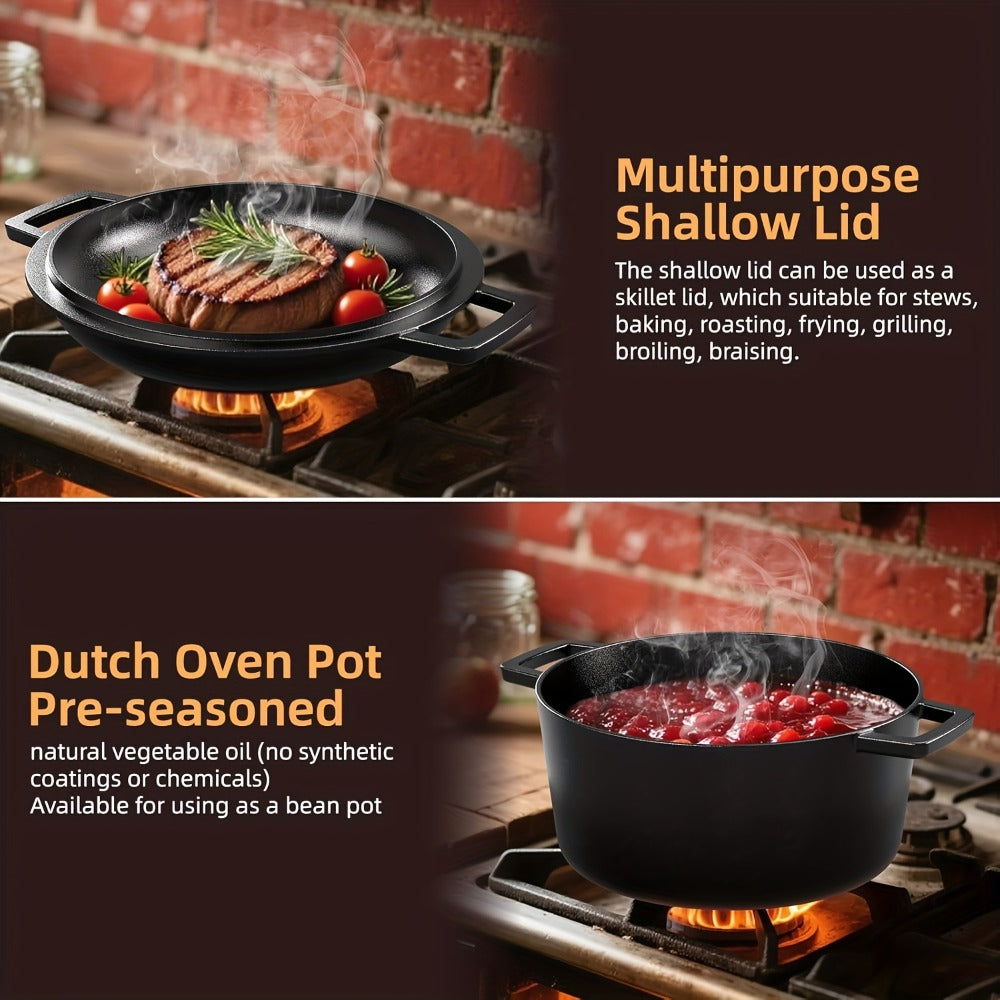 Cast Iron Dutch Oven Set 5.1QT & 7QT with Skillet Lid ¨C Pre-Seasoned 2-in-1 Cookware for Stovetop, Induction, Oven, Campfire & BBQ, Sourdough Bread Baking, Frying, Camping