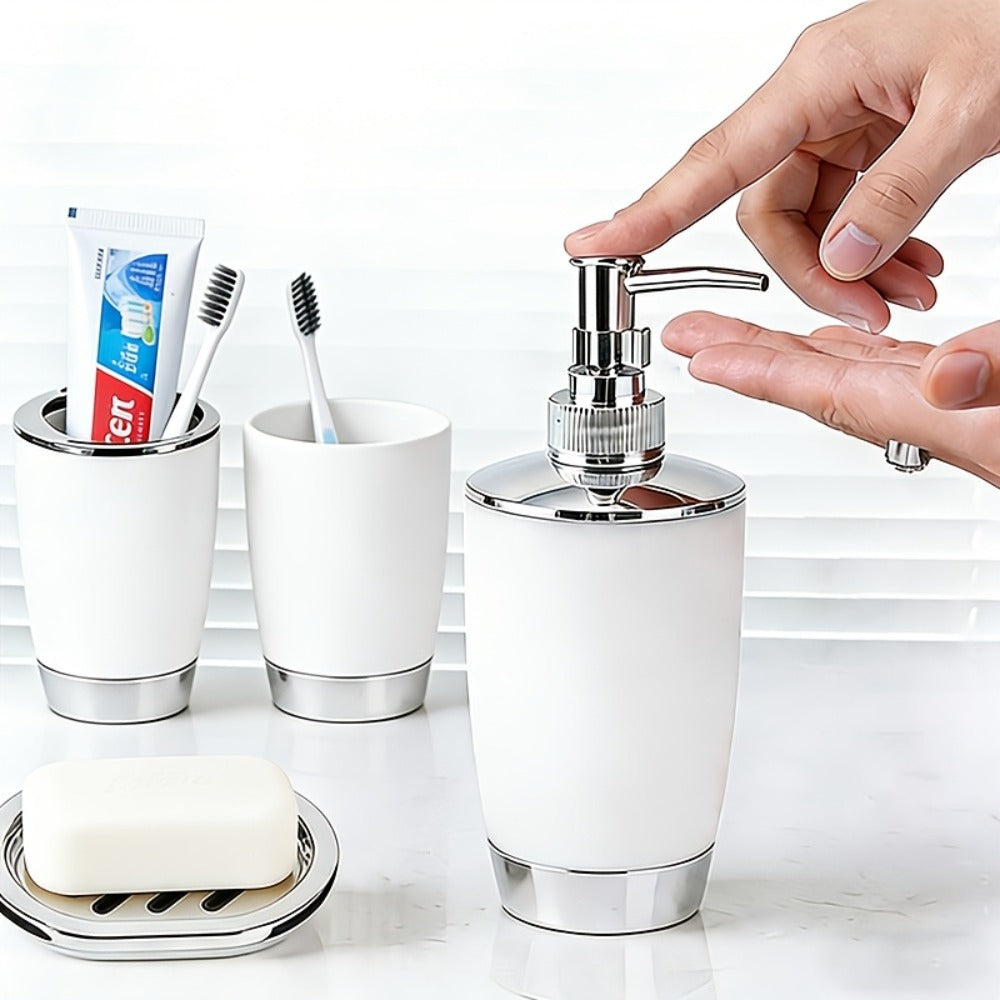 Bathroom Accessory Set 7 Piece - Luxury Modern Complete Bath Set with Trash Can Toilet Brush Lotion Dispenser Soap Dish Mouthwash Cup Toothbrush Holder | Space Saving Easy Clean Housewarming Gift 7 Colors