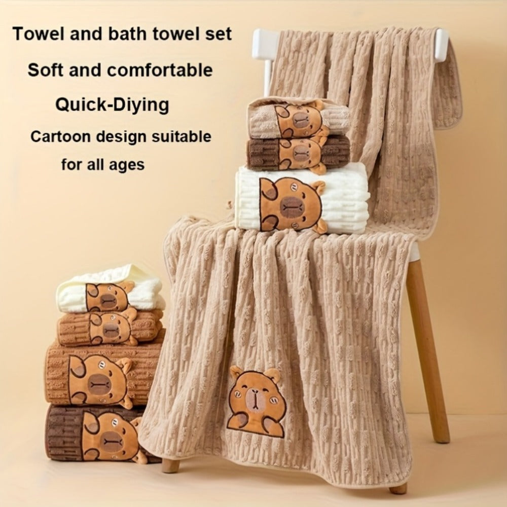 Bath Towel Set 2 Piece Cute Capybara Coral Fleece Super Soft Ultra Absorbent Quick Dry Face Towel and Bath Sheet for Spa Gym Hotel Guest Bathroom