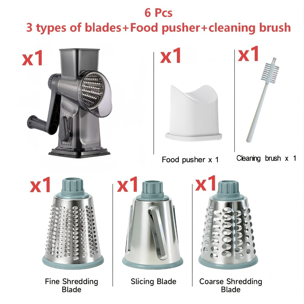 Rotary Vegetable Chopper Cheese Grater 5 Interchangeable Drum Blades Suction Base Ergonomic Handle for Cheese Vegetables Nuts Slicing Shredding