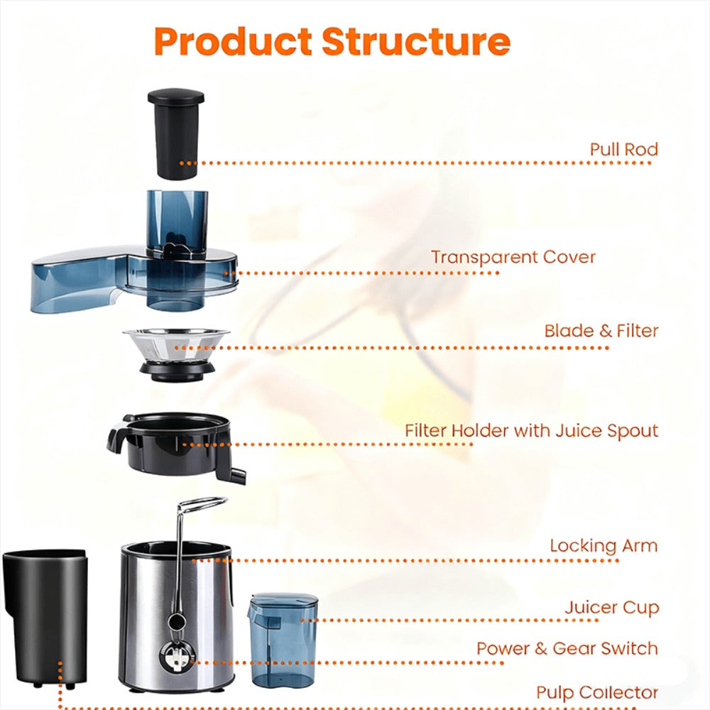 Centrifugal Juicer Machine with 3-Inch Wide Mouth ¨C 22000RPM Dual-Speed Fruit & Vegetable Juice Extractor, Multifunctional Blender & Food Processor, Detachable Easy-Clean Design with Overheat Protection
