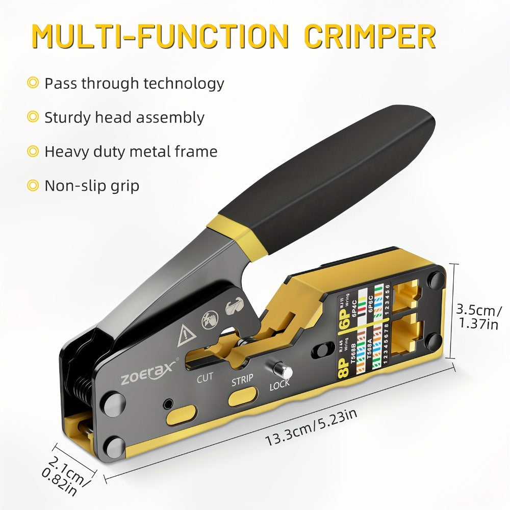 RJ45 Crimping Tool Kit Ethernet - CAT5/CAT5e/CAT6 Pass Through Crimper with Cable Tester, Wire Stripper, Pliers, Spare Blades, 50pcs CAT6 Connectors & Strain Relief Boots, Network Cable Kit