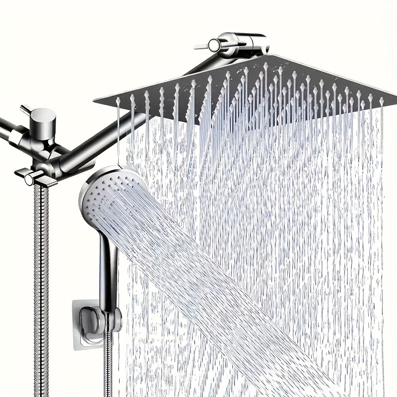 High Pressure Shower Head Combo with Handheld Shower Wall Mounted 9 Spray Settings Rainfall Shower System Adjustable Angle Leakproof with Hose for Modern Bathroom Chrome Matte Black