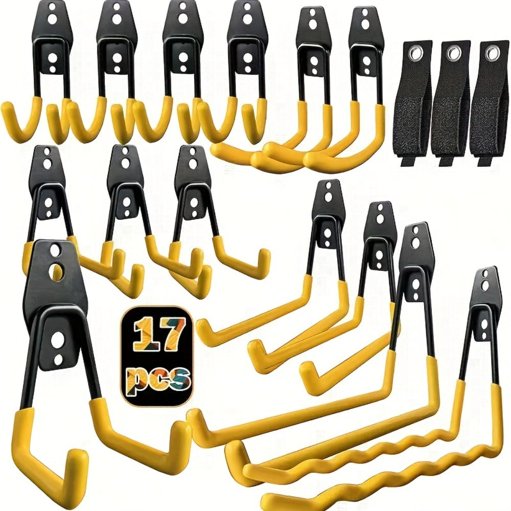 Heavy Duty Garage Wall Hooks Storage Rack - Iron Utility Hooks for Power Tools, Ladders, Bikes, Ropes - Wall Mount Organizer for Garage, Warehouse, Workshop & Garden (4/14/17pcs)