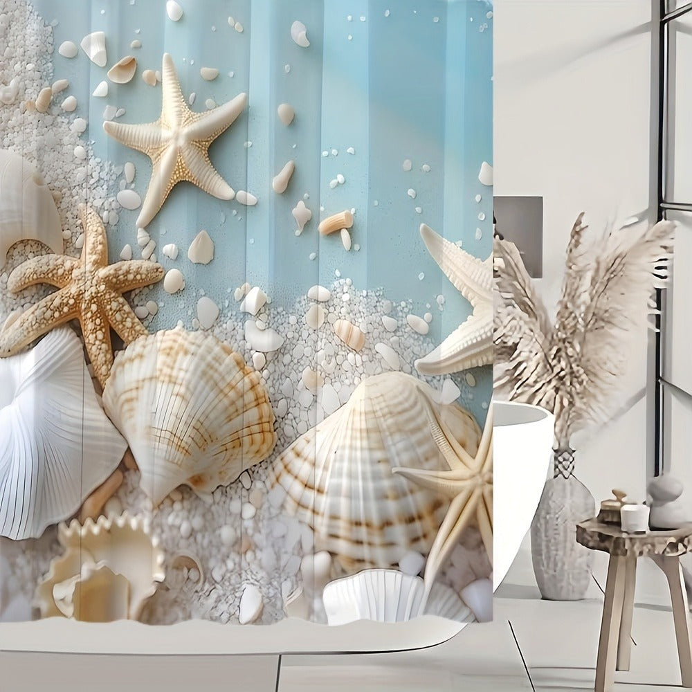 Shower Curtain Set Sea Star Shell Design Polyester with 12 Hooks Non-Slip Bath Mat U-Shaped Toilet Pad Lid Cover Bathroom Decor Set