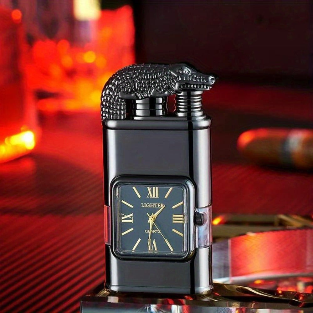 Double Flame Torch Lighter for Men ¨C Windproof Refillable Butane Lighter with Vintage Quartz Dial, Zinc Alloy Body, Gift Box Included, Outdoor Camping BBQ Survival, Unique Engraved Style (Butane Not Included)