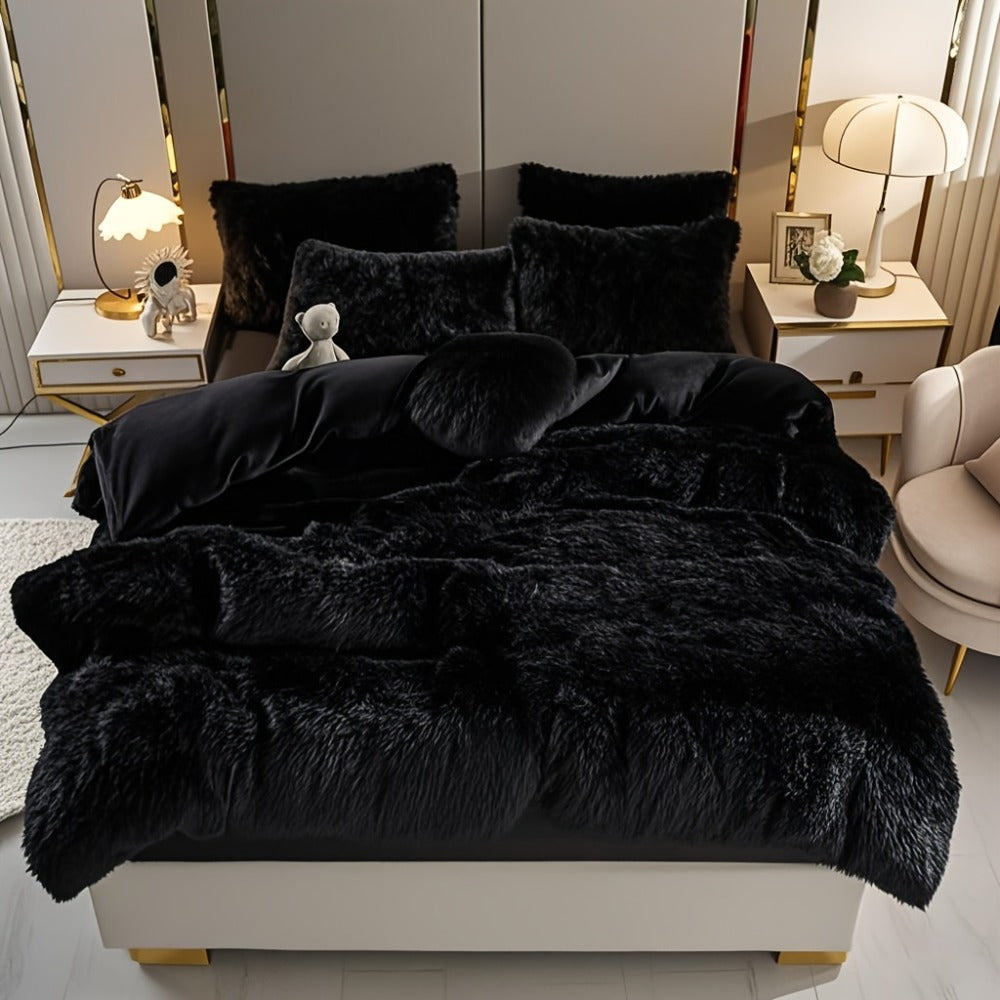 Faux Fur Duvet Cover Set Twin Queen King Super Soft Plush Comforter Cover with Pillowcases Heart Pillow for Kids Teens Machine Washable Bedroom Decor