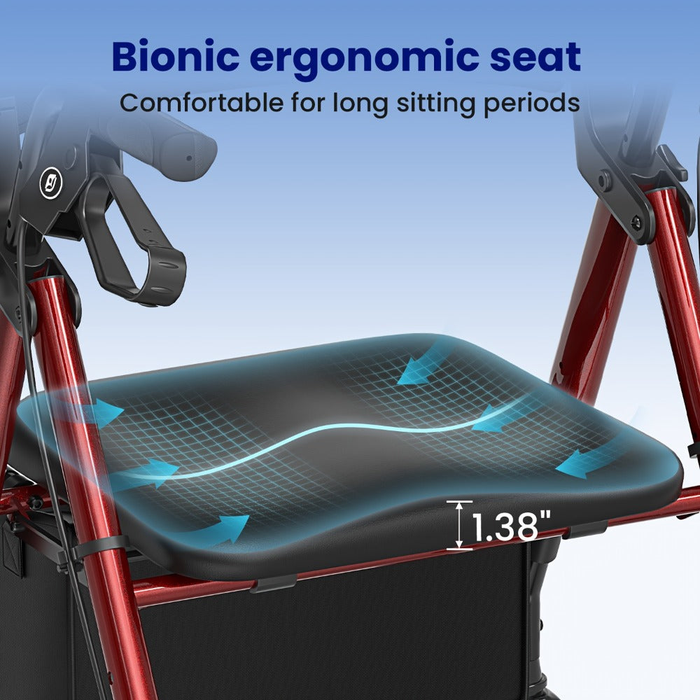 Rollator Walker for Seniors Foldable with 8-Inch Big Wheels, Durable Aluminum All-Terrain Rolling Walker with Ergonomic Backrest & Dual Adjustable Height, Upright Walker Option Available for Elderly