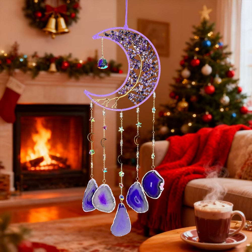 Moon Agate Tree Hanging Ornament Handmade Boho Suncatcher Wall Decor - Crystal Window Sun Catcher Gift for Mom Friends Women Birthday Christmas Holiday Home Decoration
