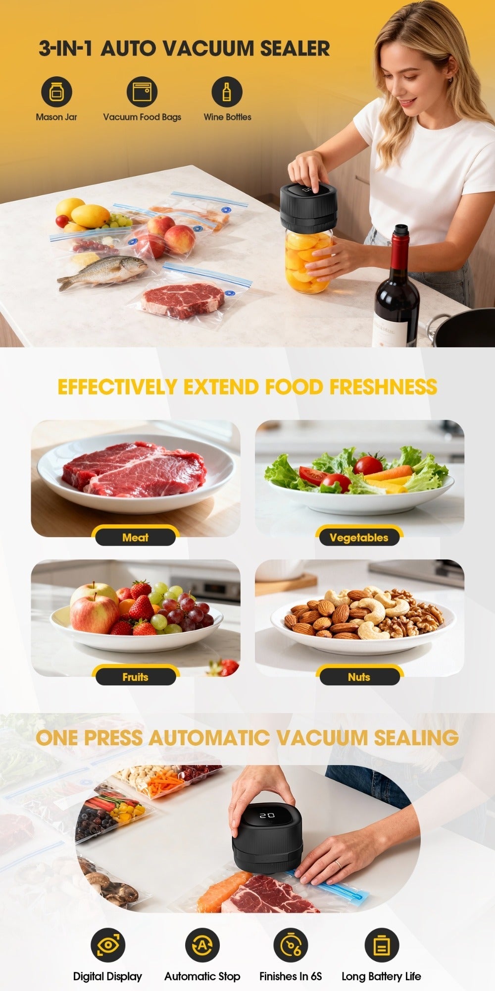 Electric Jar Vacuum Sealer 3-in-1 Food Storage Vacuum Sealer Machine with 14 Sealing Lids Wine Plug Vacuum Bag Bottle Opener ¨C One-Button Operation Leak-Proof Seal for Regular & Wide Mouth Mason Jars
