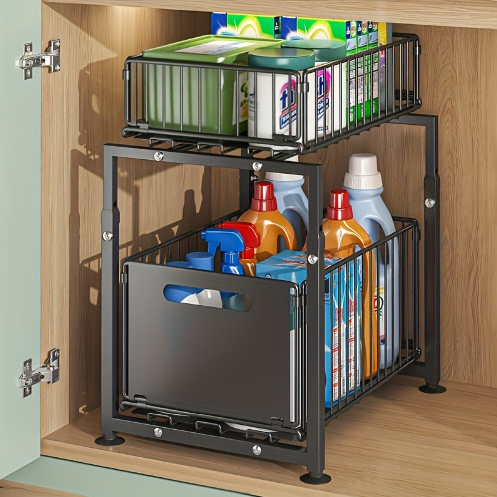 Under Sink Organizer 2-Tier Pull Out - Adjustable Height Carbon Steel Cabinet Storage Shelf for Kitchen and Bathroom, Space Saving Sliding Drawer Rack for Cleaning Supplies Pots and Toiletries, Heavy Duty Under Cabinet Organizer Available in 1 or 2 Pack