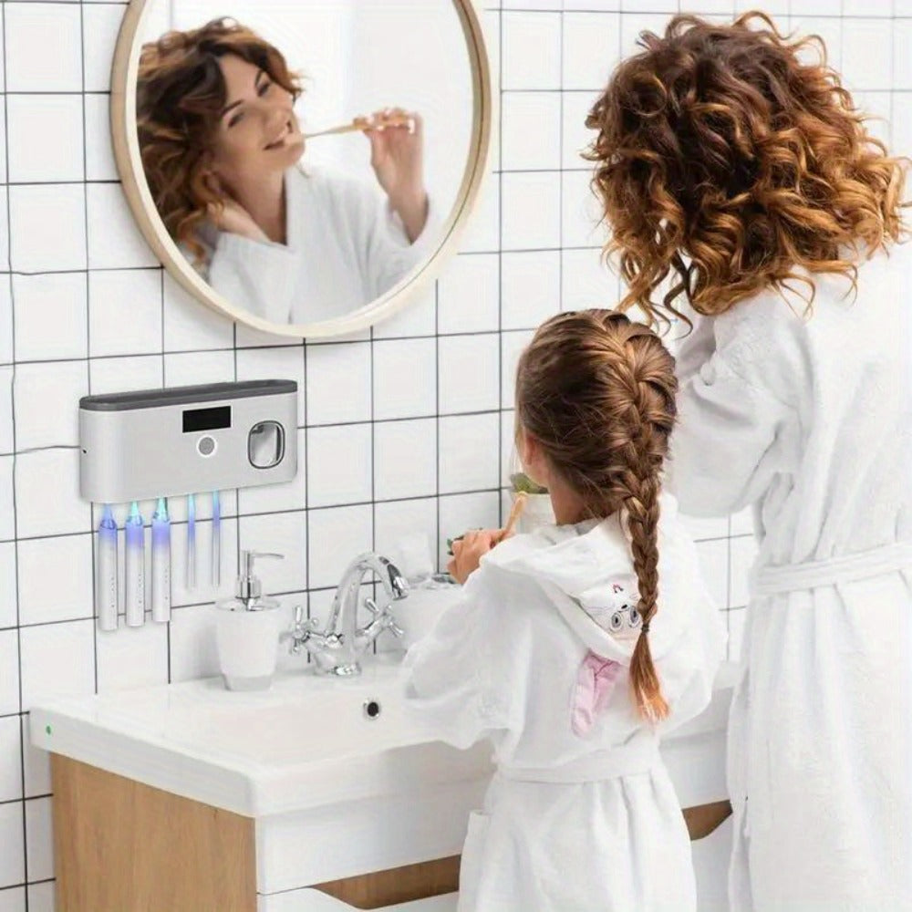 Toothbrush Holder Wall Mount with Toothpaste Dispenser Solar Rechargeable Cordless Space Saving Bathroom Organizer Toothbrush Storage for Bathroom Counter Vanity