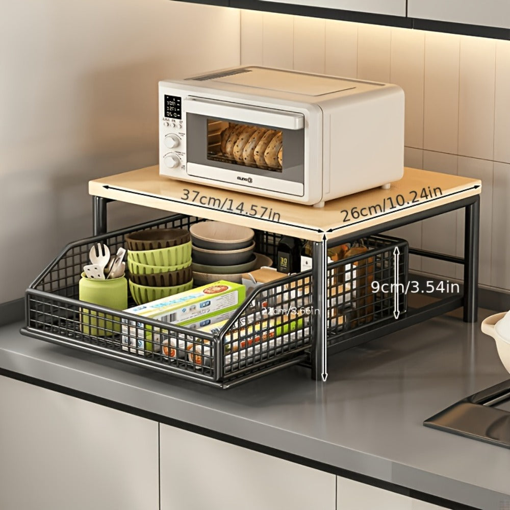 2-Tier Kitchen Countertop Organizer with Drawer & Wire Basket ¨C Hardwood & Metal Storage Shelf for Coffee Maker, Utensils & Spices