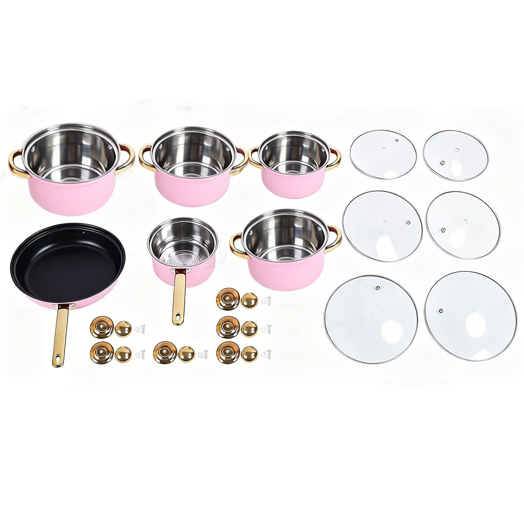 Stainless Steel Deep Pot Cookware Set 10 & 12 Piece with Lids & Dual Handles ¨C Oven Safe Soup Hot Pot Pasta Seafood Stew Pots | Silver Pink Gold | Home Restaurant Cooking Gift Set