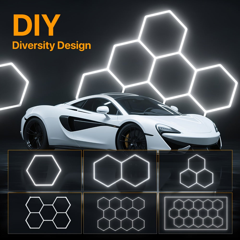 LED Hexagonal Garage Light 6500K ¨C Super Bright Daylight White Shop Light 42W¨C620W for Auto Detailing, Warehouse, Workshop, Basement & Gym (1 to 32 Grids, Hex Frame Available)