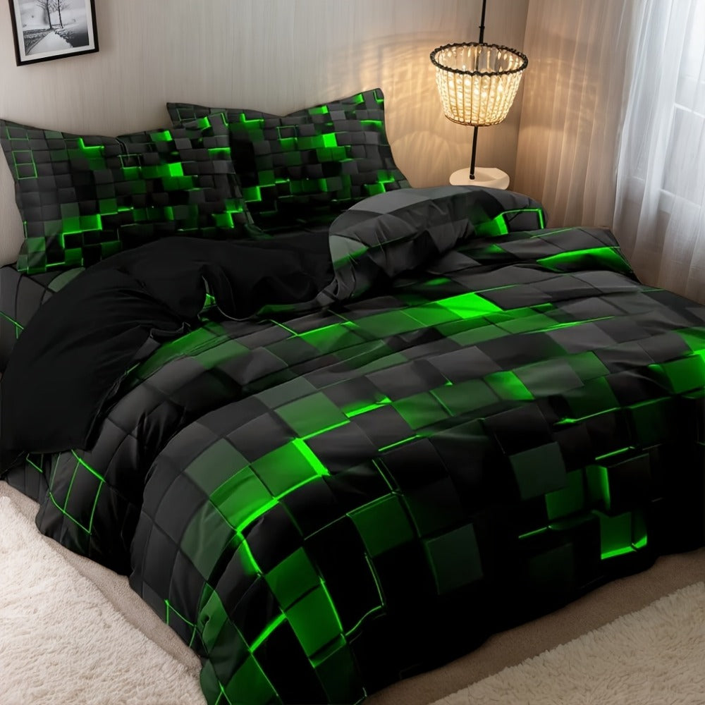 Duvet Cover Set Queen King Twin Full 3D Geometric Cube Print | 3-Piece Polyester Bedding Set | Black Blue Grid Pattern | All-Season Soft Quilt Cover + 2 Pillowcases | Machine Washable