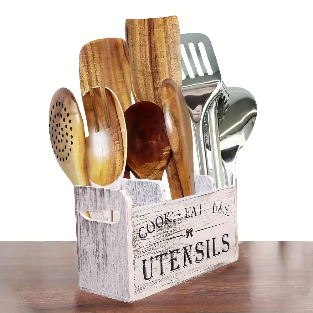 Wooden Kitchen Utensil Holder 3 Compartment Countertop Organizer, Rustic Wood Kitchen Tool Storage Box Wall Mounted or Countertop, Country Style Kitchen Accessories for Cook Bake Eat Tools