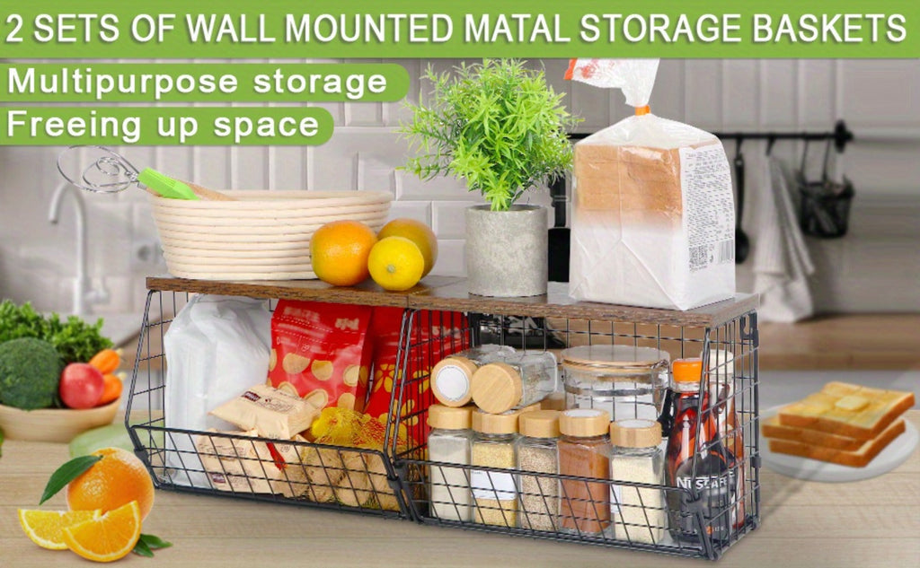 Wall-Mounted Fruit Basket with Wooden Cover - 2-Tier Metal Kitchen Storage Basket with Hooks, Stackable Hanging Organizer for Potatoes Onions Vegetables