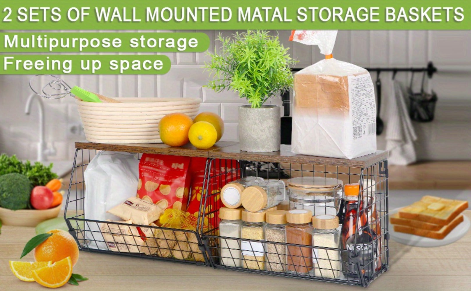 Wall-Mounted Fruit Basket with Wooden Cover - 2-Tier Metal Kitchen Storage Basket with Hooks, Stackable Hanging Organizer for Potatoes Onions Vegetables