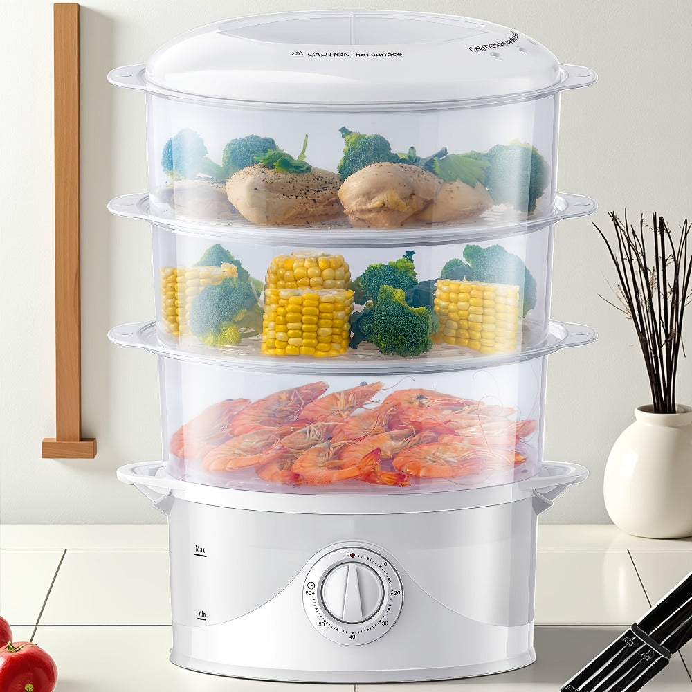 Electric Food Steamer 3-Tier 9.6QT Large Capacity, 800W Fast Cooking, 60-Min Timer, Boil-Dry Protection, Dishwasher Safe & BPA-Free ¨C Multi-Tier Steamer for Vegetables, Dumplings & Family Dinners
