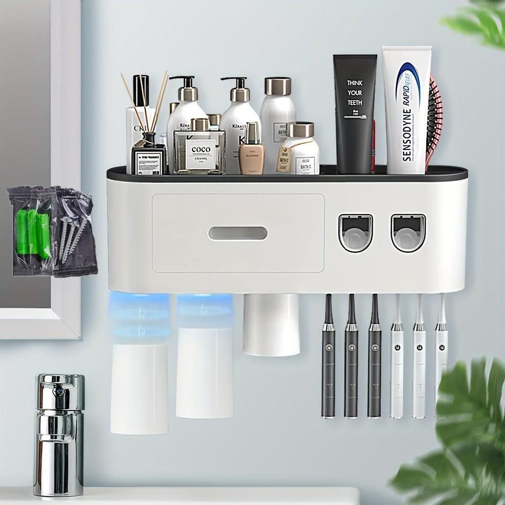 Wall Mounted Toothbrush Holder with Automatic Toothpaste Dispenser - 3 Cups Bathroom Organizer, Space-Saving Toothbrush Cup Holder for Family, Black & Gray