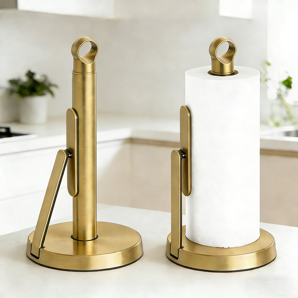 Paper Towel Holder Countertop - Stainless Steel Standing Dispenser with Tension Arm for One-Handed Tear, Modern Kitchen Roll Holder in Silver White Gold Black