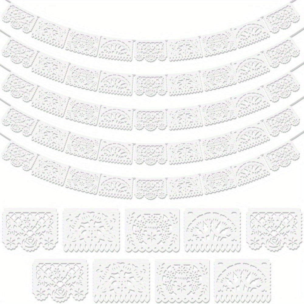 Papel Picado Banners 5 Pack White ¨C Mexican Fiesta Party Decorations, Day of the Dead Decor, Cinco de Mayo Banner, Wedding Fiesta Supplies, 4 Designs 90 Feet Plastic Flags
