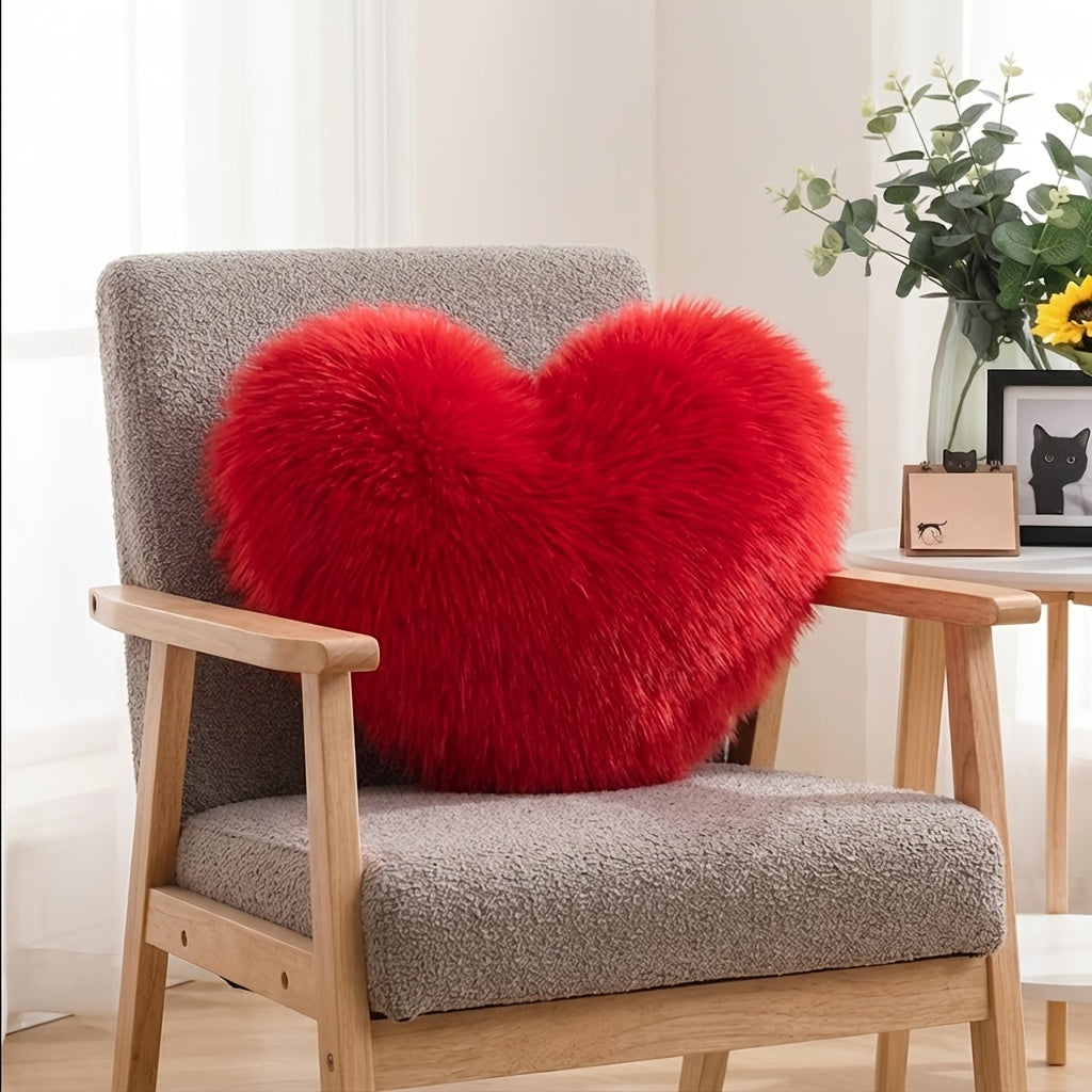 Heart Shaped Plush Pillow Cover Faux Wool Fluffy Cushion Cover for Sofa Bed Chair Car - Valentine's Day Decor Throw Pillowcase 17¡± Soft Decorative Pillow Case, Red & Pink, Insert Not Included
