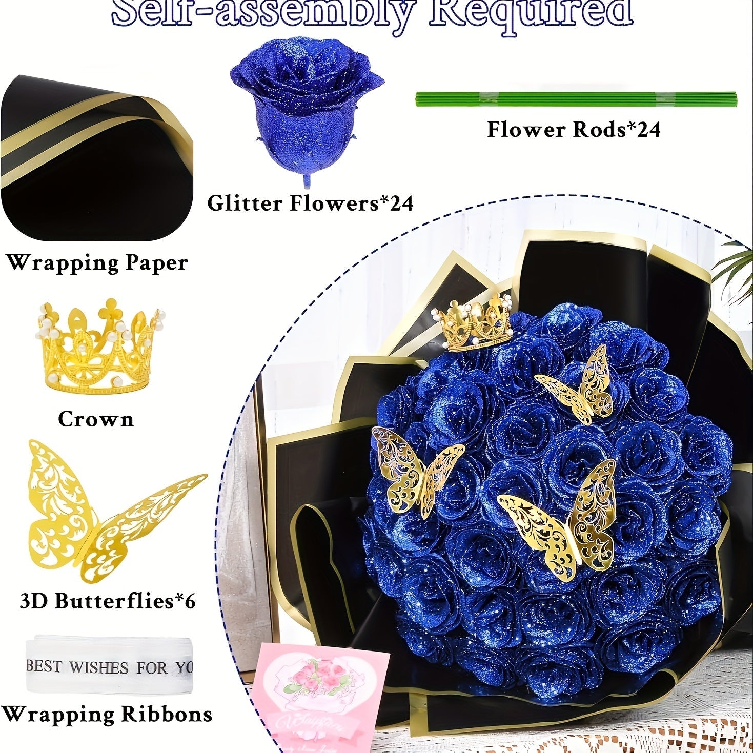 Artificial Rose Bouquet 24 Glitter Roses with 6 Golden Butterflies, Everlasting Shiny Fake Flower Bouquet for Wedding, Anniversary, Engagement & Home Decor | Purple, Red, Pink, Blue