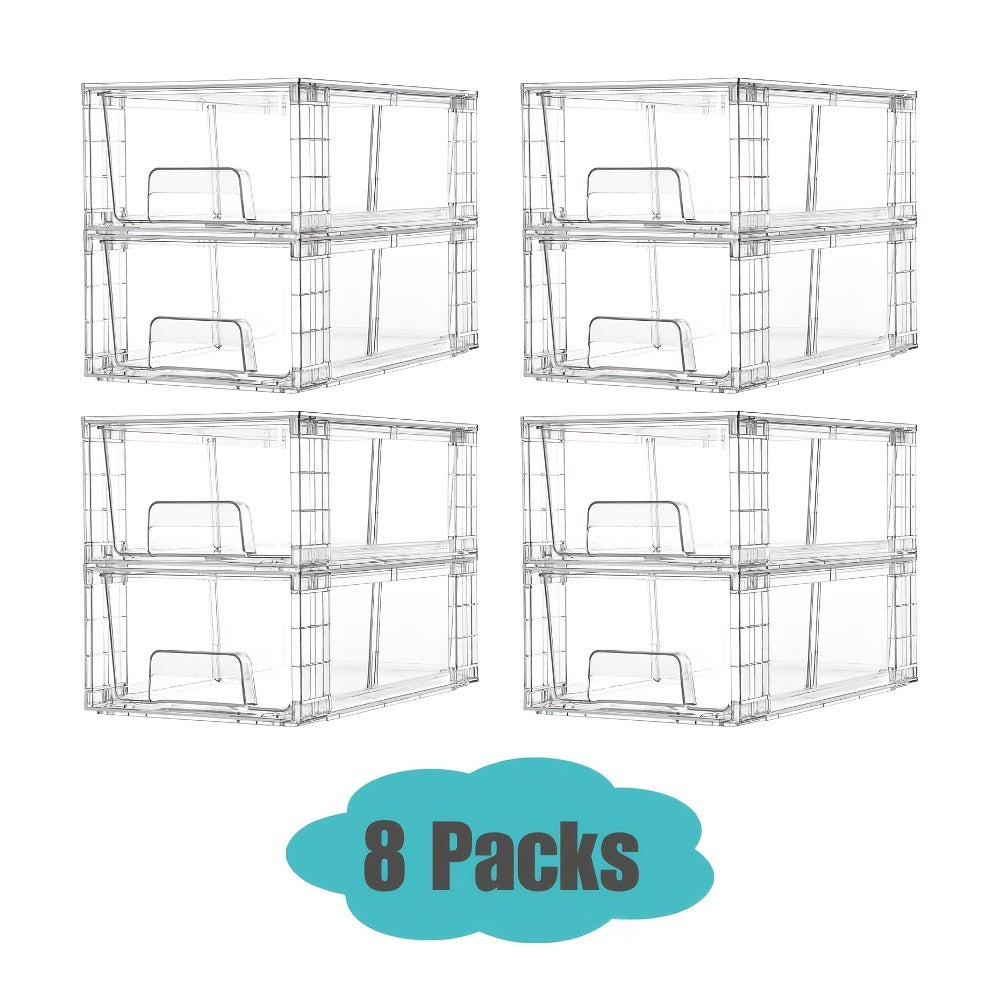 Clear Acrylic Storage Drawers with Handles - Stackable Refrigerator and Pantry Organizer Bins for Snacks Fruits and Vegetables, Food Safe Pull-Out Drawer Bins for Fridge Kitchen Cabinet Under Sink and Bathroom, Available in 4, 6, 8 or 10 Pack