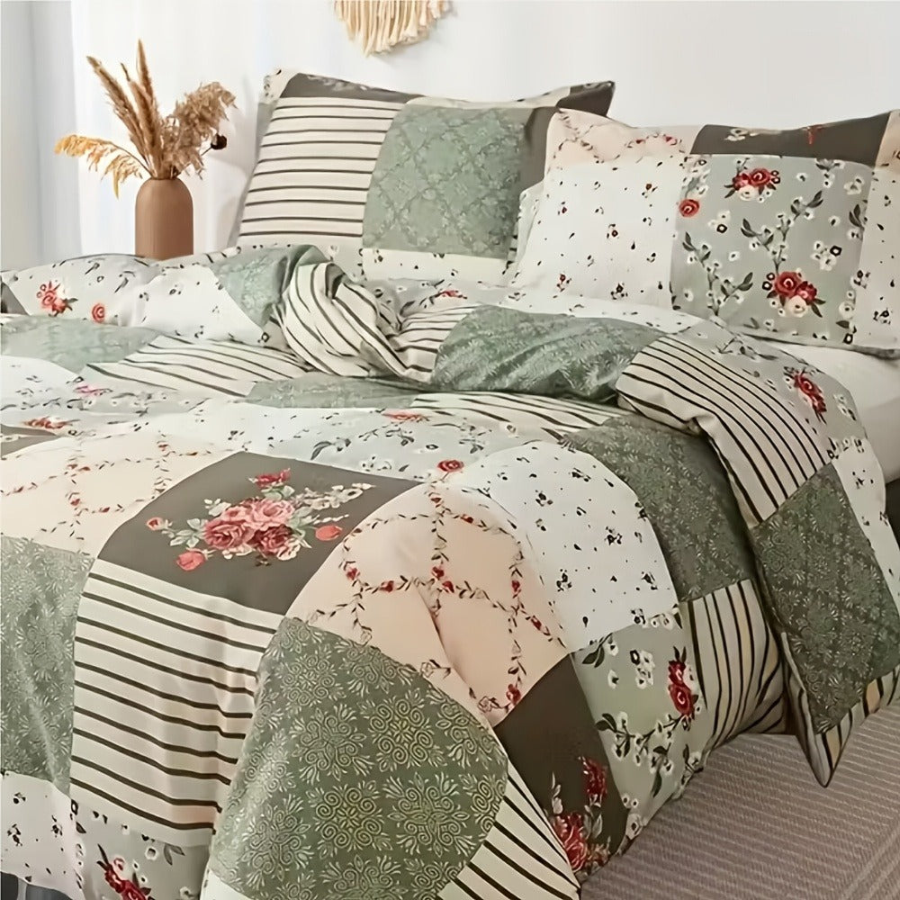 Floral Duvet Cover Set 3 Piece - Zipper Closure Patchwork Comforter Cover with 2 Pillowcases, All-Season Lightweight Kids Bedding Set, Pastoral Flower Plaid Print, Twin Full Queen King