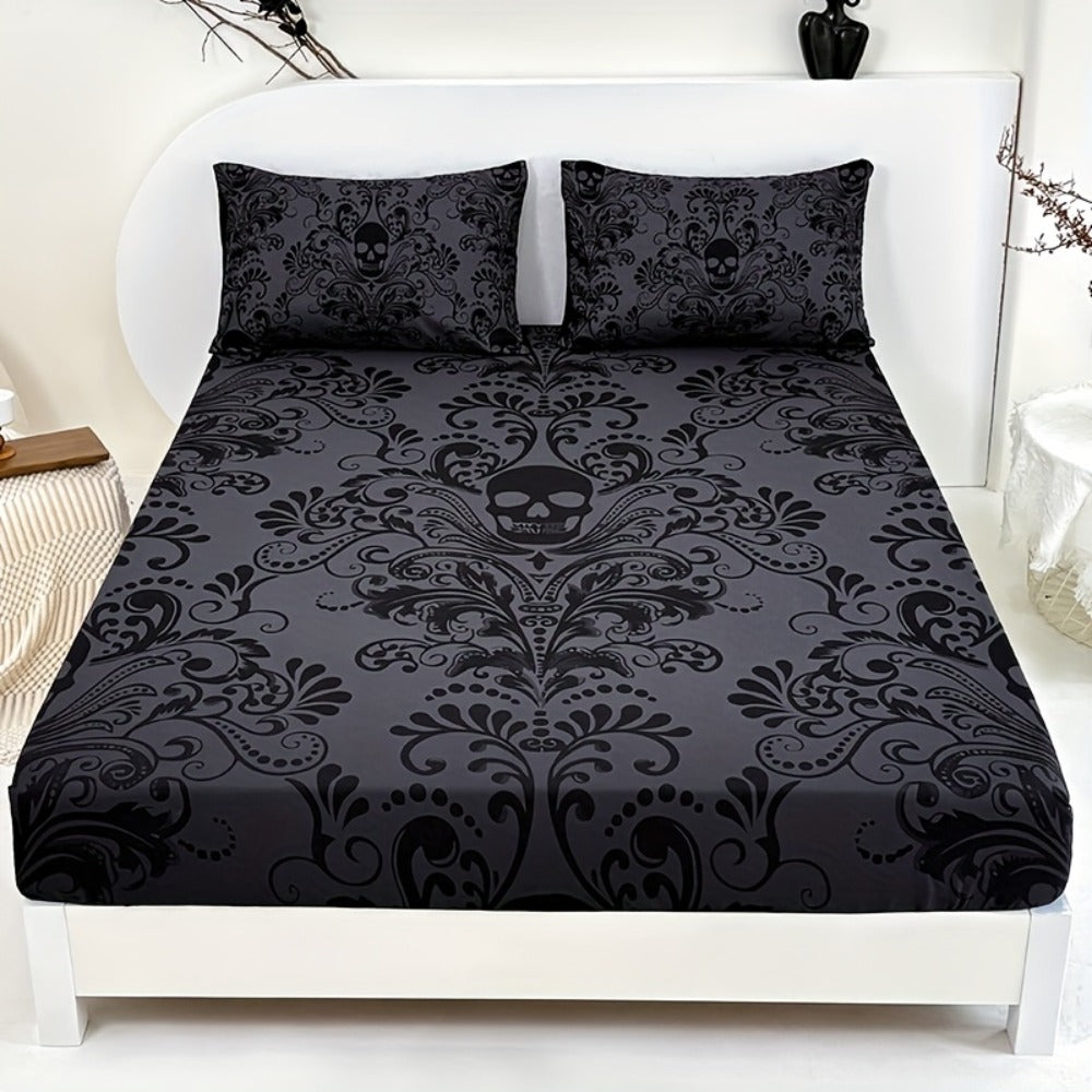 Gothic Skull Fitted Sheet Set 3-Piece ¨C Victorian Baroque Halloween Bedding | 1 Deep Pocket Fitted Sheet + 2 Pillowcases | Machine Washable Hypoallergenic Polyester | Twin Full Queen King