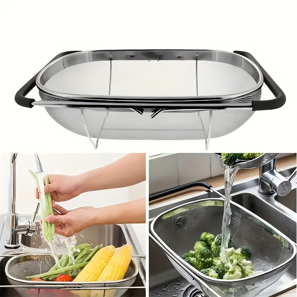 Stainless Steel Colander Expandable Fine Mesh Drain Basket Strainer for Vegetables Fruits Pasta Rice Kitchen Sink Washing Bowl Food Strainer