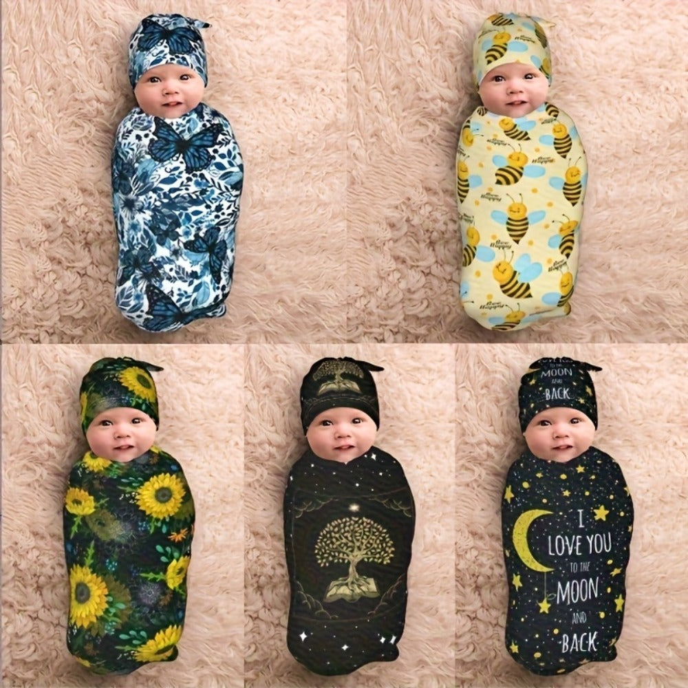 Baby Swaddle Blanket & Beanie Hat Set ¨C Butterfly, Sunflower, Bee, Life Tree & Moon Star Newborn Wrap