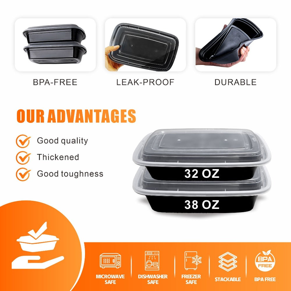 Meal Prep Containers with Lids 50 Pack BPA Free ¨C 32oz & 38oz Stackable Disposable Plastic Food Storage Containers, Microwave Dishwasher Freezer Safe | Restaurant, Catering, Home Kitchen & Lunch Boxes