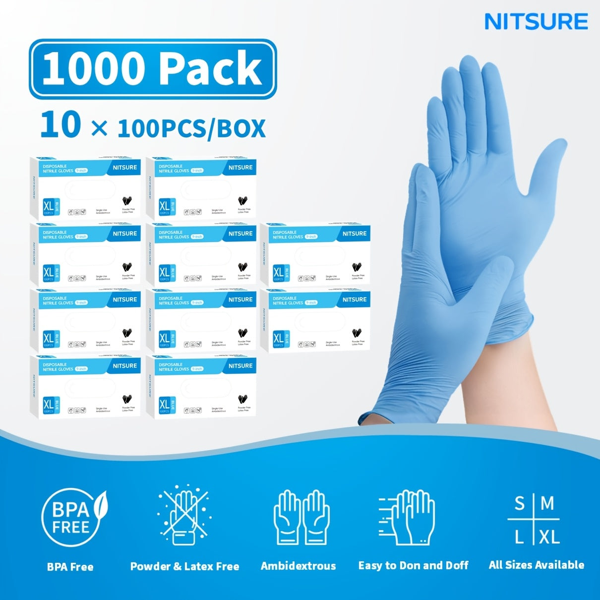 Blue Nitrile Disposable Gloves 5.5 Mil, Bulk Pack 101/201/501/1000 Count, Latex-Free Powder-Free Chemical Resistant Elastic Fit, for Household Cleaning, Tattooing, Painting, Car Washing & Maintenance