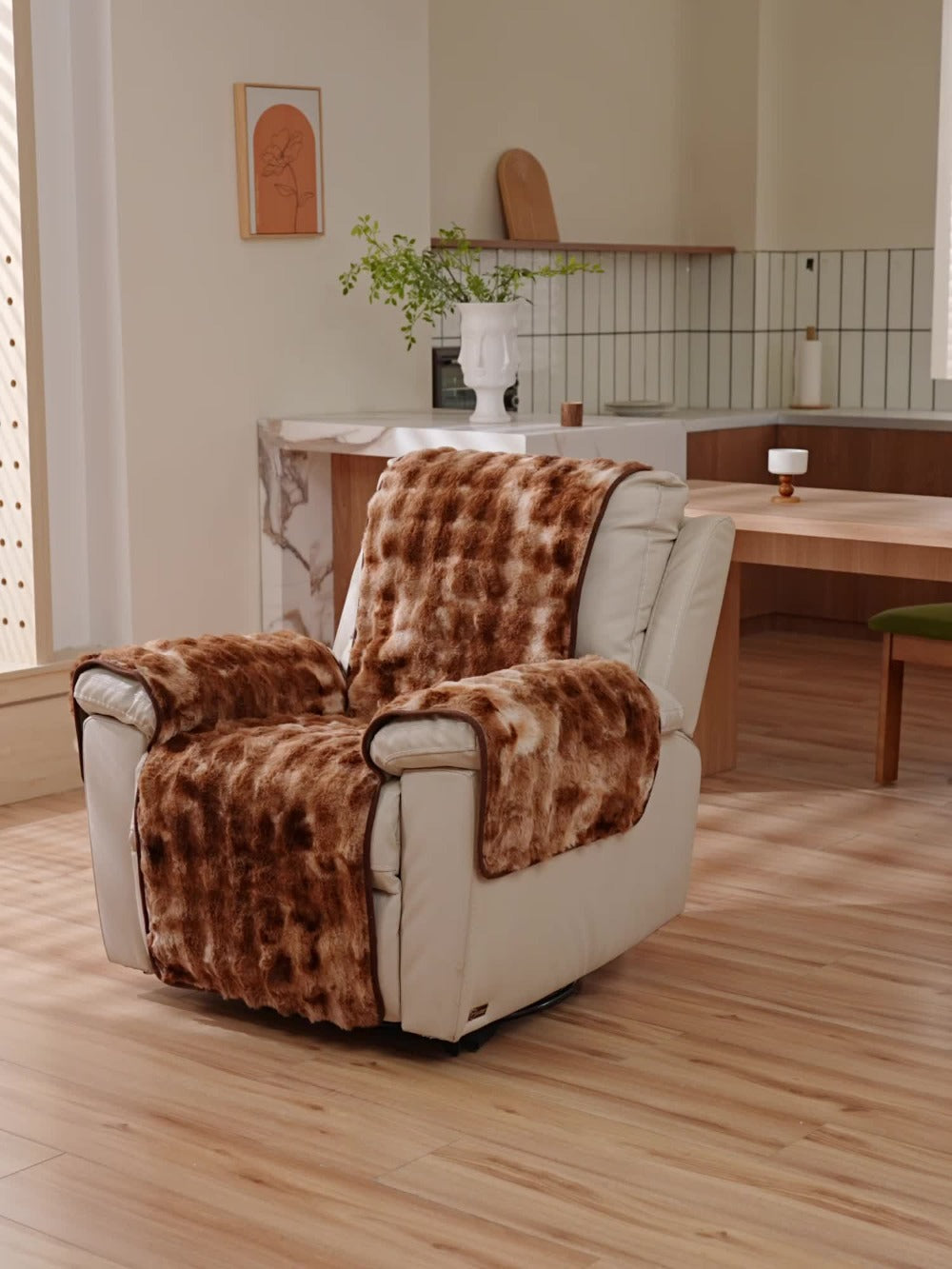 Faux Rabbit Fur Recliner Cover Thick Warm Glam Style Non-Slip Pet Friendly Machine Washable Plush Armchair Slipcover for Living Room Office - Coffee Gray White