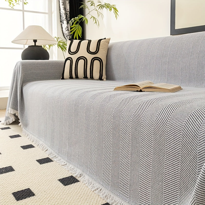 Herringbone Sofa Throw Cover with Tassels Jacquard Woven Solid Color Washable Polyester Sofa Blanket Slipcover for 3 4 Seater Couch Living Room - Grey Coffee Green Blue
