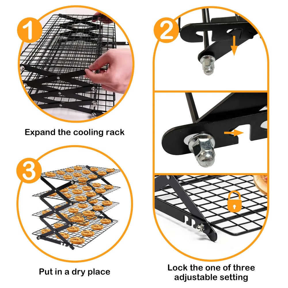 Foldable Cooling Rack Set ¨C Stackable Oven Cookie Cake Drying Rack with Free Baking Tools (Silicone Spatula, Egg Beater, Tongs, Brush) | 3/4/5 Tier Options for Kitchen, Camping & Holiday Baking