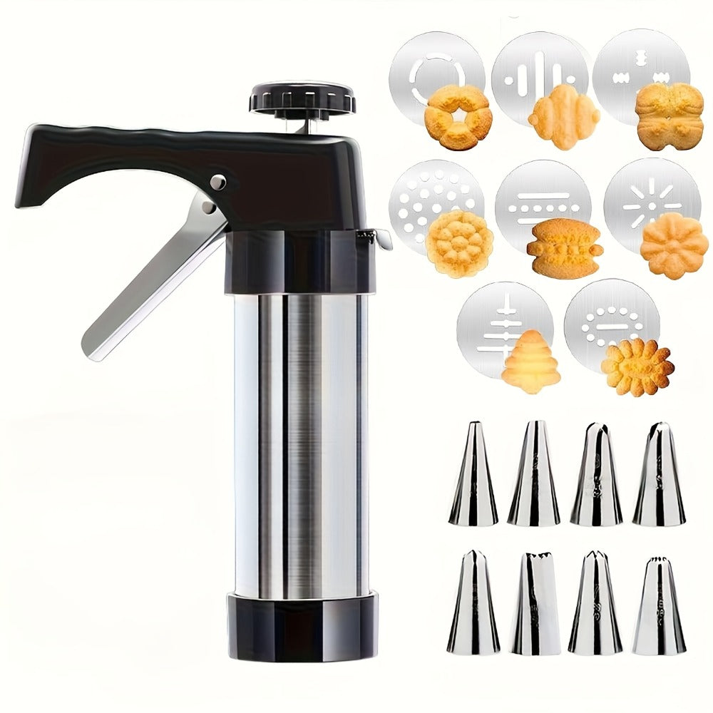 Cookie Press Set 8 Piece Stainless Steel Manual Churro Maker Flower Cookie Mold Baking Tool Set for Christmas Cookies Biscuit Decorating No Electricity Needed