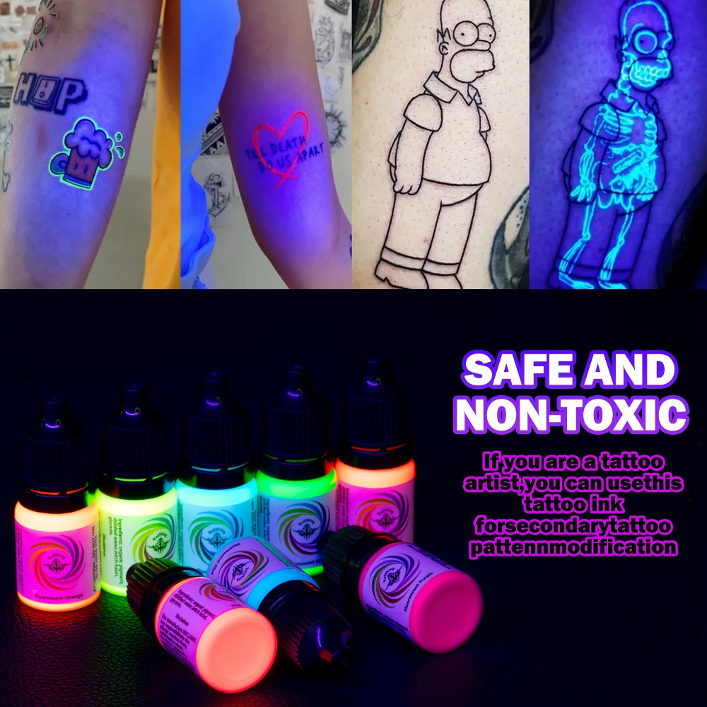 UV Fluorescent Tattoo Ink Set 8 Colors ¨C Professional Long-Lasting Blacklight Tattoo Pigment for Body Art, Permanent Makeup & DIY Tattoo ¨C Vibrant Neon Violet Glow Ink