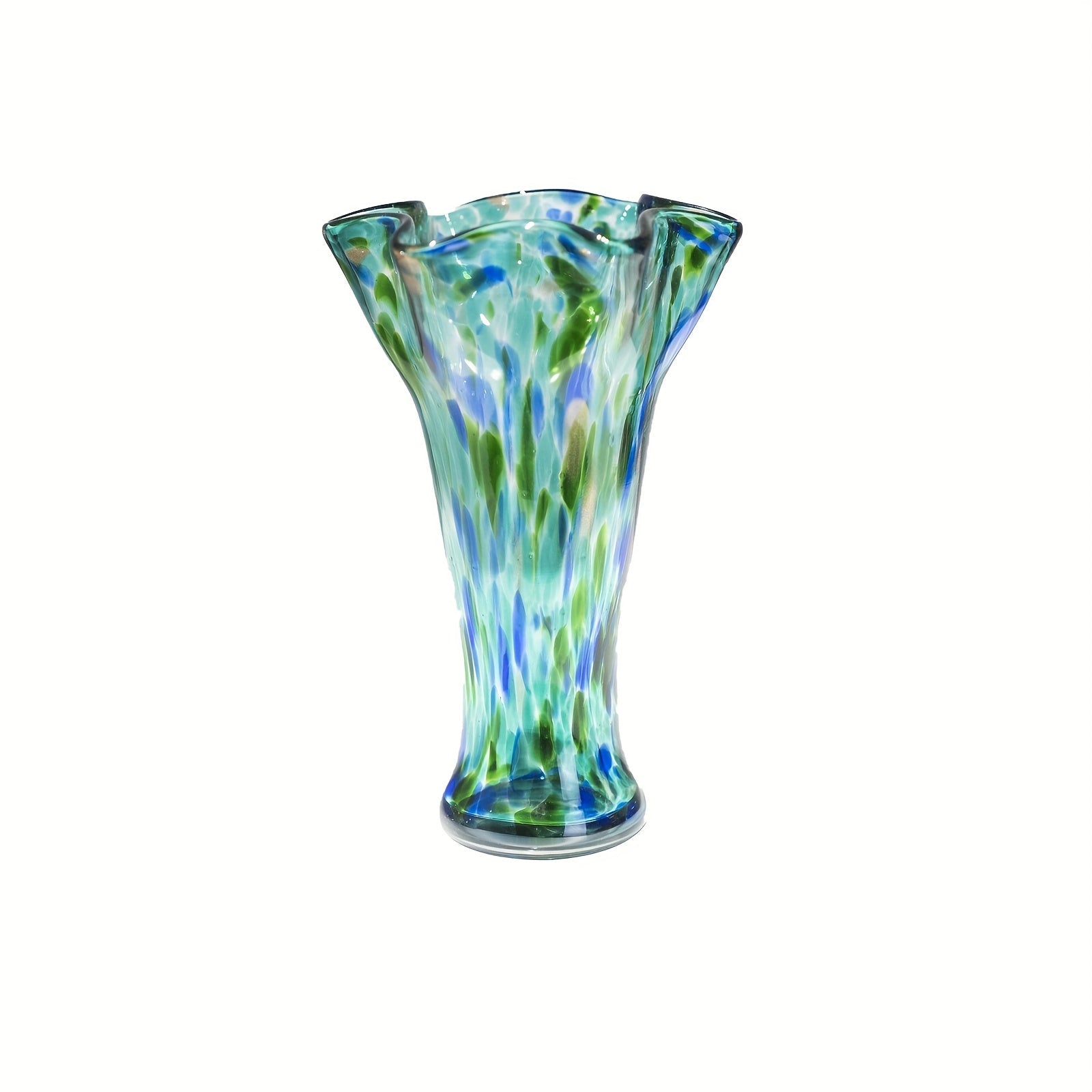 Hand Blown Glass Vase Colorful Wide Mouth, Teal Green Art Glass Flower Vase for Fresh Flowers & Spring Arrangements, Decorative Centerpiece for Bookshelf, Dining Table, Bedroom & Living Room