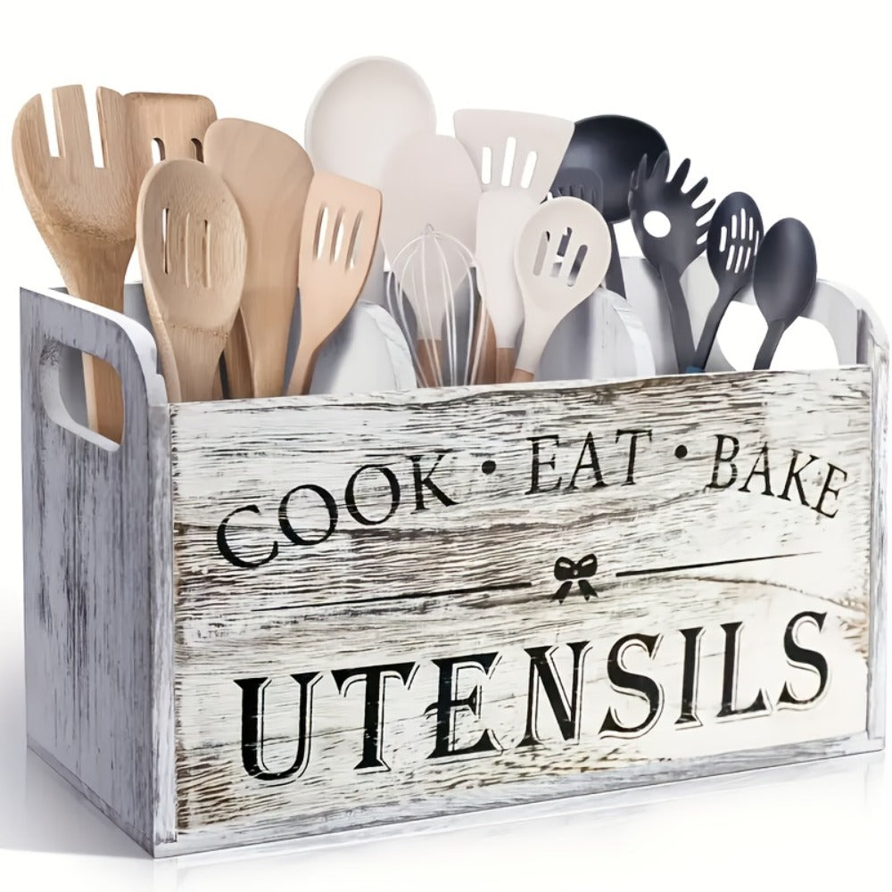 Wooden Kitchen Utensil Holder 3 Compartment Countertop Organizer, Rustic Wood Kitchen Tool Storage Box Wall Mounted or Countertop, Country Style Kitchen Accessories for Cook Bake Eat Tools