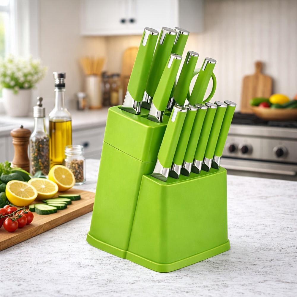 13-Piece Kitchen Knife Set with Block, Chef Bread Steak Knives Scissors Stainless Steel Colorful Cutlery Gift Set with Knife Holder