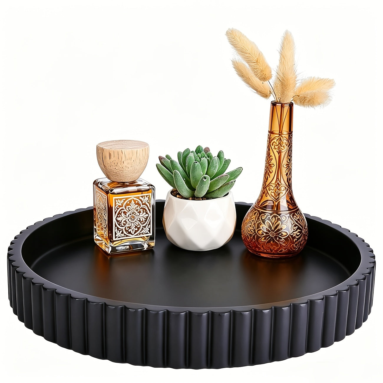 Wood Decorative Tray for Coffee Table 11 Inch Round Boho Serving Tray Wooden Centerpiece for Living Room Ottoman Console Table Jewelry Organizer Accent Decor Tabletop Storage Tray White Black