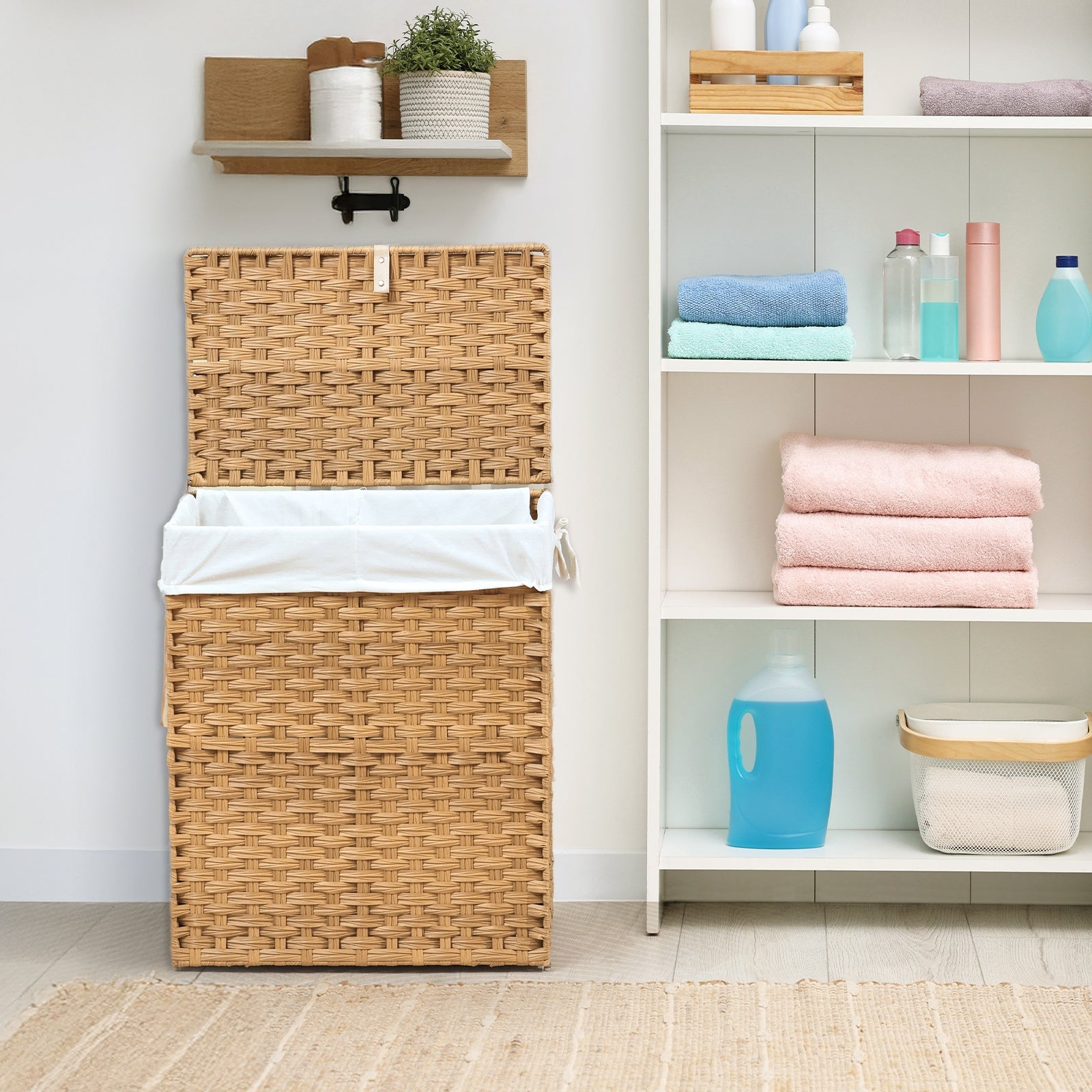 Laundry Hamper with Lid Large Capacity Woven Rattan Storage Basket, Collapsible Clothes Hamper with Handles & Removable Liner, Foldable Breathable Wicker Basket for Bedroom Home Dorm, 2 Sizes