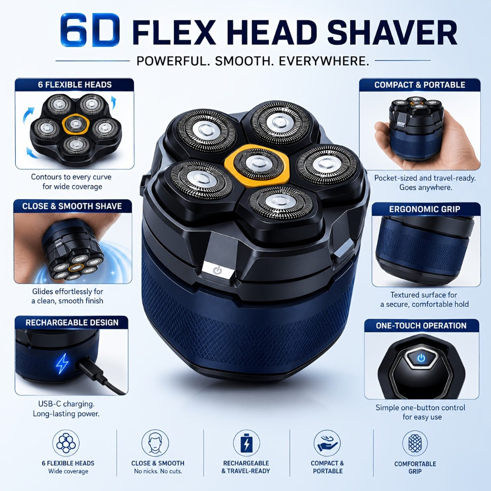 Head Shaver for Bald Men 6-Blade Electric Head Razor Magnetic Floating Blades USB-C Rechargeable 1400mAh LED Display Travel Lock 2-Speed Skin-Friendly Gift for Dad Boyfriend