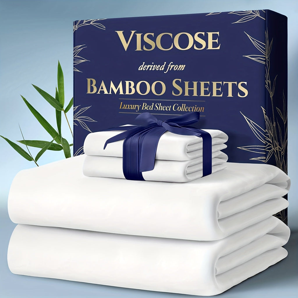 Bamboo Cooling Bedding Set 4pcs - Deep Pocket Fitted Sheet, Flat Sheet & Pillowcases for Hot Sleepers, Breathable Soft Viscose Sheets Twin Full Queen King