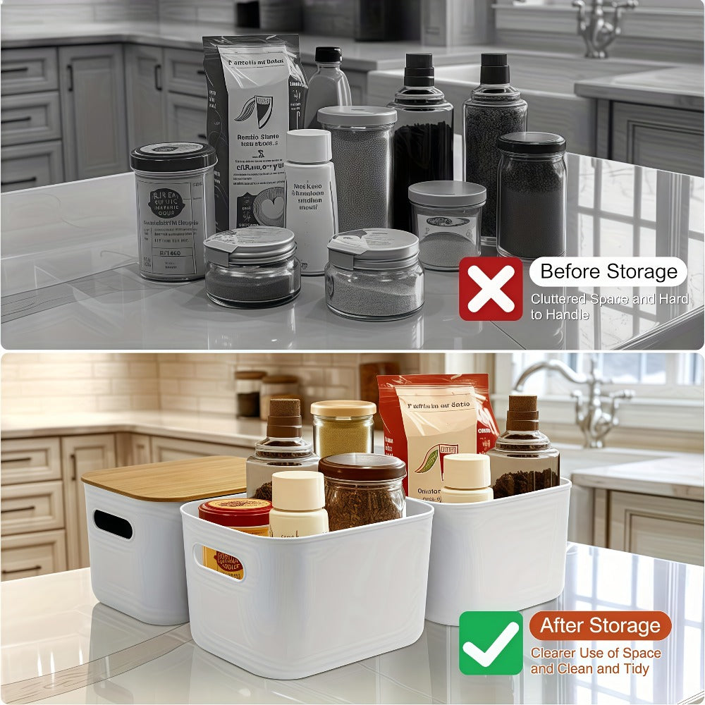 Plastic Storage Bins with Wood Lids Stackable Organizer with Handle and Labels for Home Office Kitchen Bedroom Closet Playroom 1 2 4 8 Pack