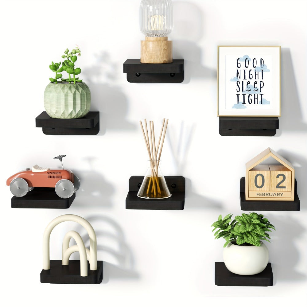 Wall Mounted Wooden Shelves Set of 8 - Small 4 Inch Floating Shelves for Bedroom, Bathroom, Kitchen & Office Decor and Storage, Rustic Style (Pure Black)
